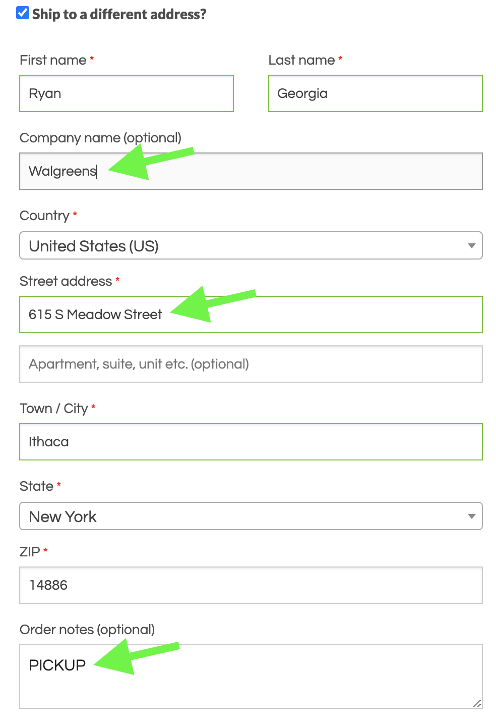 Example entering preferred shipping pickup address